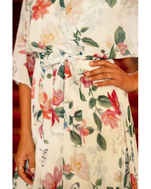 Yumi' White Neutrals Ivory Floral Print Wrap Midi Dress With Dipped Hem