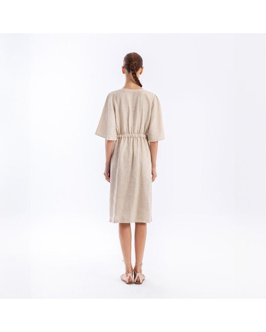 Haris Cotton Natural Neutrals Linen Button Front Dress With Elastic Waist Beach Sand