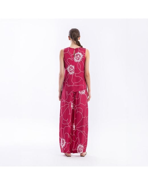 Haris Cotton Red Sleeveless Printed Satin Top Fuchsia Peonies