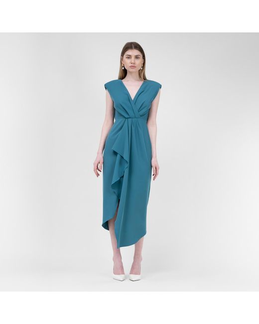 BLUZAT Blue Turqouise Midi Dress With Draping And Pleats