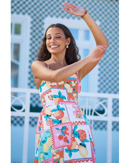 Yumi' White Multicolour Fruit Print Midi Sun Dress Ruched Back