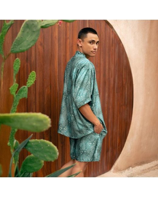 ORIGIN OF HEARTS Green Blu Satin Kimono Cardigan For Elevated Layering for men