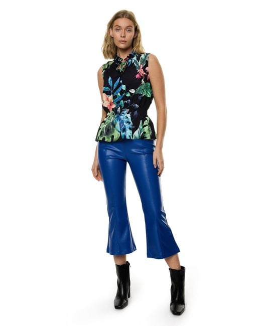 Carloslines Blue Front Neck Tie Smocked Waist Sleeveless Top