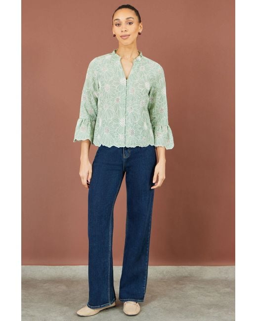 Yumi' Green Daisy Broderie Shirt With Fluted Sleeves