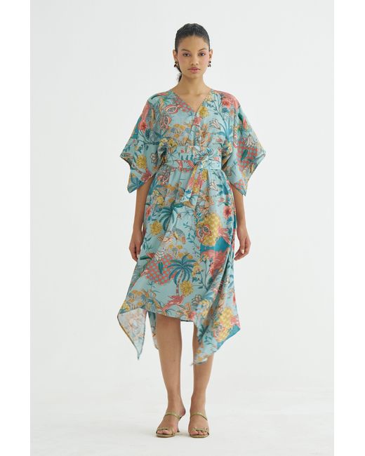 Maison Qala Blue Peony Kaftan Dress