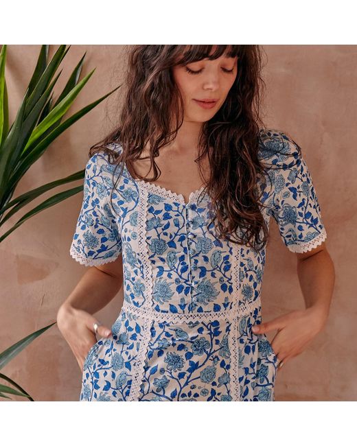 LAtelier London Blue Serafina Floral Cotton Midi Dress With Side Splits