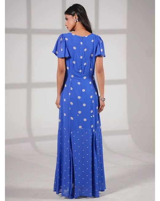 Rose & Nancy Blue Joanna And Polka Dot Print Frill Sleeve Maxi Dress