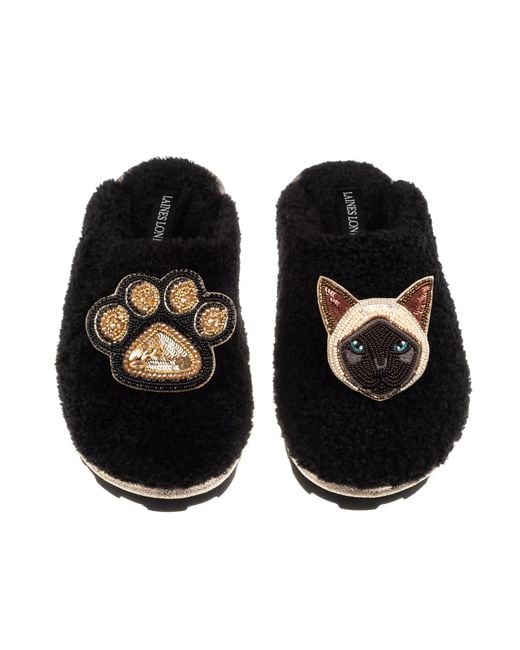 Laines London Black Teddy Closed Toe Slippers With Paw & Siamese Cat Brooches