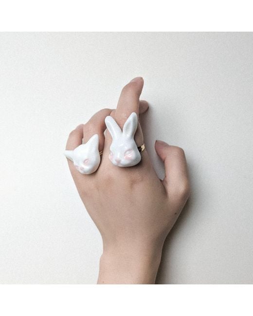 H2 Studio White Grumpy Bunny Porcelain 14K Plated Brass Ring