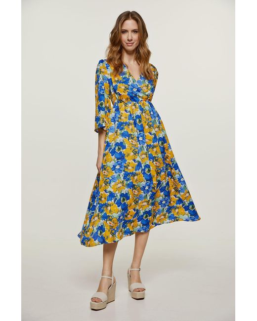 Conquista Blue Floral Empire Line Midi Dress