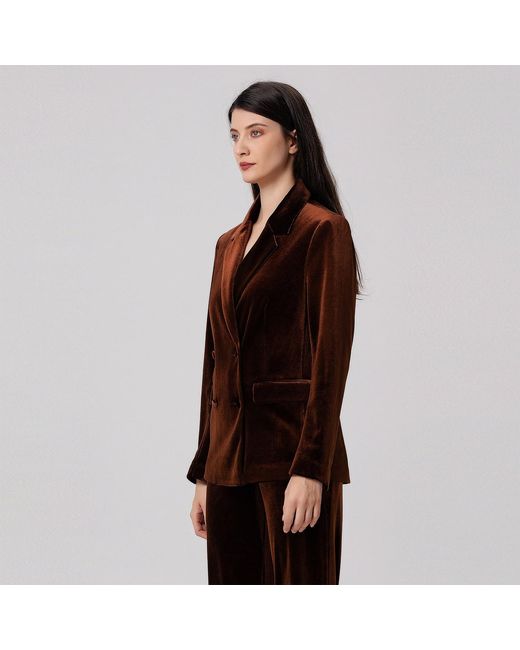 Smart and Joy Brown Double Breasted Velvet Suit Blazer