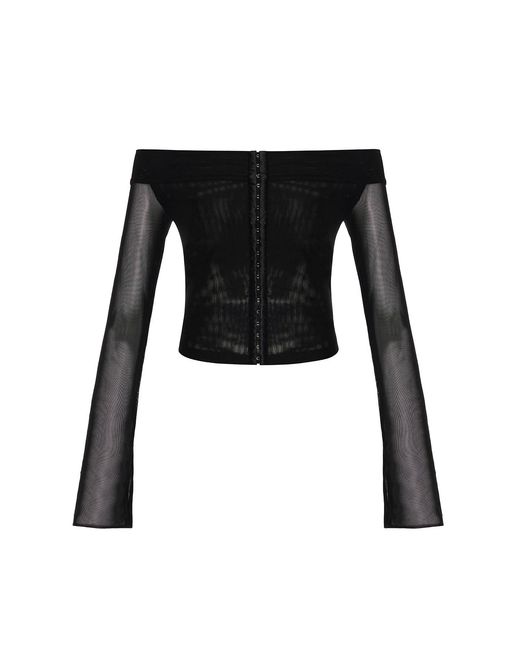 Khéla the Label Black Hooked Up Off Shoulder Mesh Top With Hook And Eye Closure