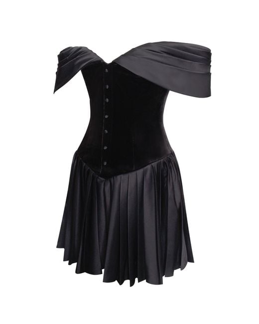 Miss Circle New York Black Echo Velvet Off-Shoulder Pleated Mini Dress