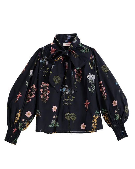Louche Blue Aditi Flower Press Print Tie Neck Blouse