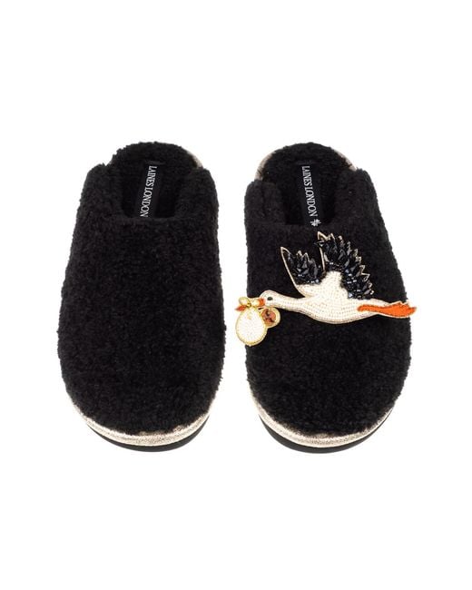 Laines London Black Teddy Closed Toe Slippers With New Baby Stork Brooches