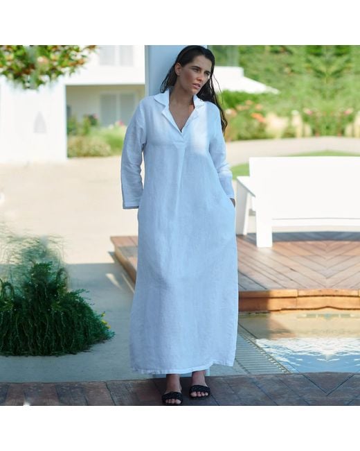 Haris Cotton White Maxi Curve Linen Dress With Front Pleat And Lapels
