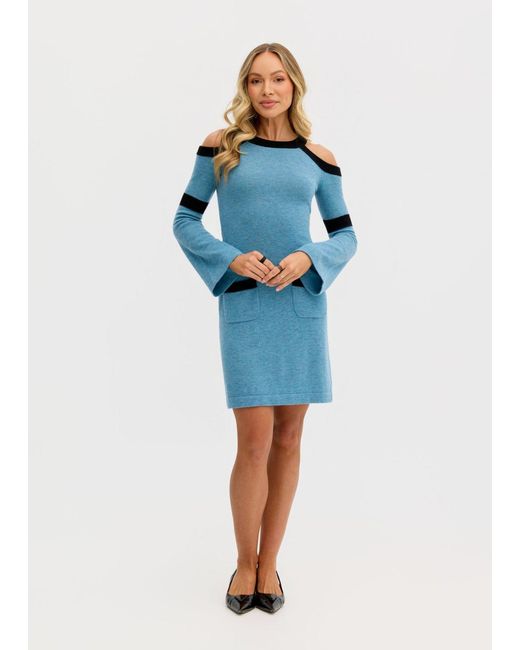 Why Mary Blue Serena Wool Knit Long Sleeve Cold Shoulder Dress