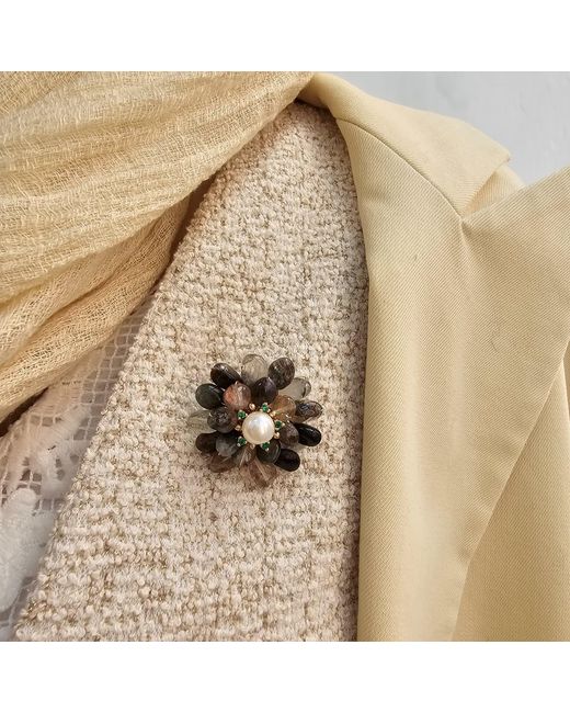 Farra Black Phantom Quartz Floral Brooch