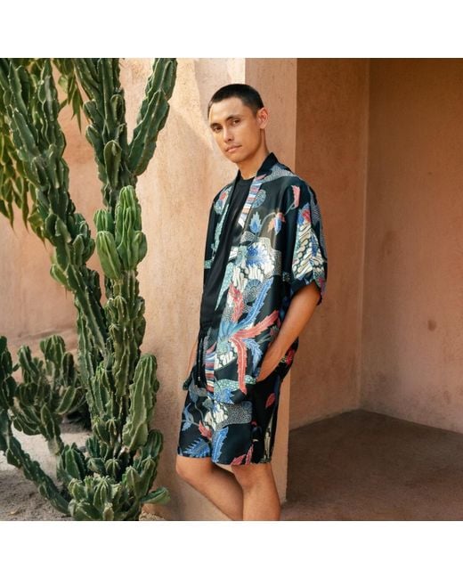 ORIGIN OF HEARTS Black Akari Lightweight Satin Kimono Shirt for men