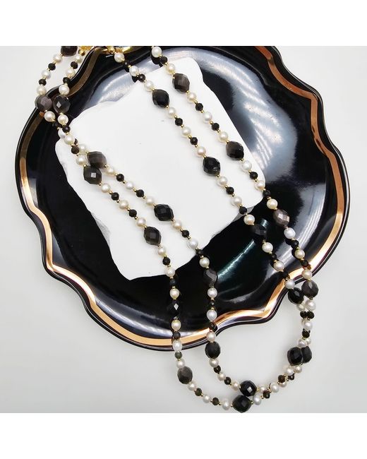 Farra Black Romantic Style Oval Obsidian With Freshwater Pearl Long Necklace
