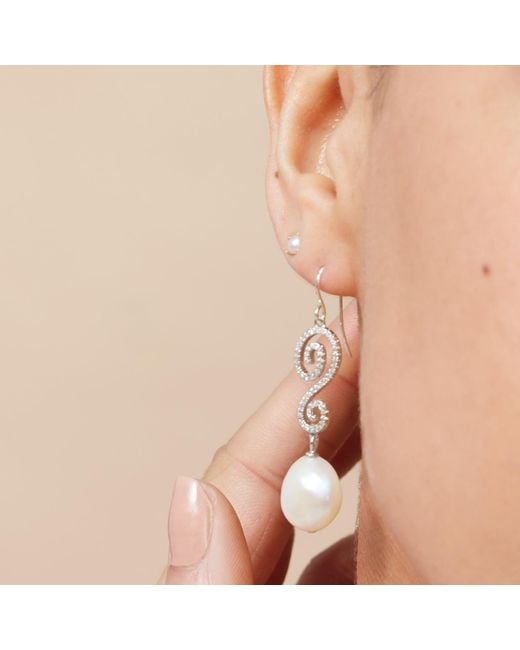 Pearls of the Orient Online White Stella Long Pave Swirl Earrings With Baroque Cultured Freshwater Pearl Drops