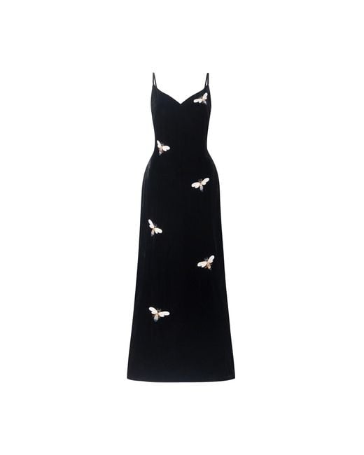 Silk and Bears Black Hand-Embroidered Bee Silk Velvet Evening Dress