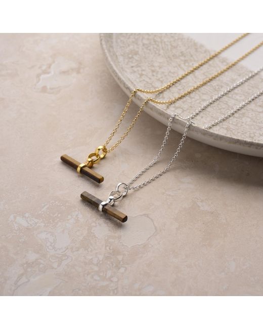 Nellou Jewellery Metallic Tiger Eye T Bar Necklace Plated Sterling
