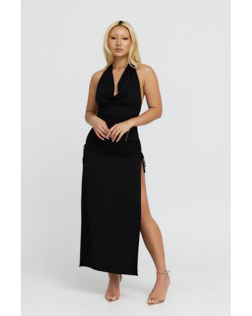 Why Mary Black Venus Cowl Neck Halter Bamboo Jersey Maxi Dress