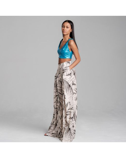 Imaatu Natural Neutrals Sande Palms Butter Sustainable Viscose High-Waist Wide-Leg Palazzo Trousers With Pockets Tropical Print