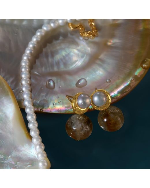 Aurozia Blue Moonlit Grace Lunar Phase& Pearl Moon Vermeil Minimalist Pearl Stud Earrings