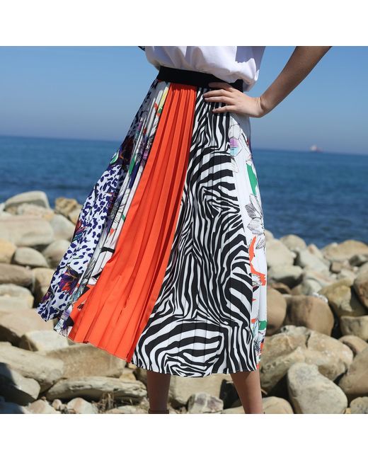 Lalipop Design Orange Multi-color Flowers & Zebra Print Pleated Skirt