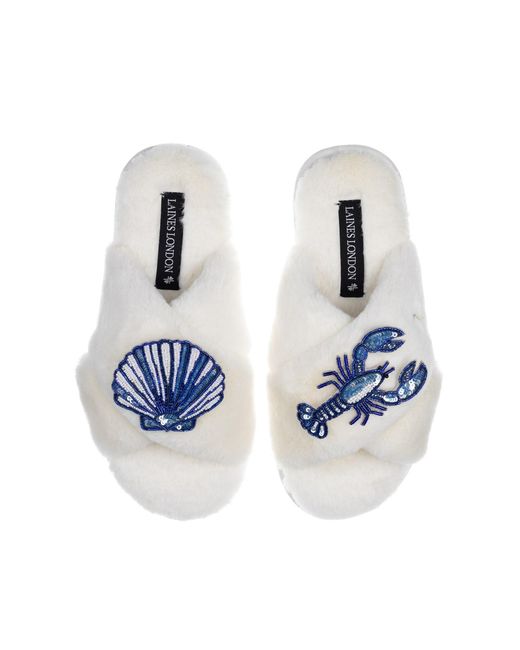 Laines London Blue Classic Laines Slippers With Mediterranean Shell & Lobster Brooches