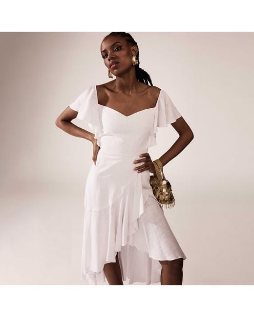 ALINA CERNĂTESCU White Thalia Linen Off-Shoulder Or On-Shoulder Midi Cocktail Dress With Ruffles