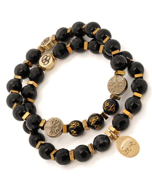 Ebru Jewelry Black Onyx Stone Beaded Elephant Charm Mantra Bracelet Set