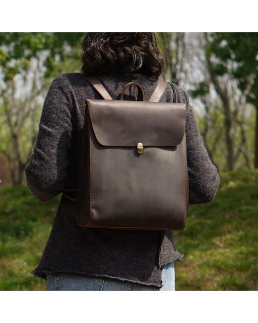 Touri Brown Handmade Worn Look Genuine Leather Slim Backpack