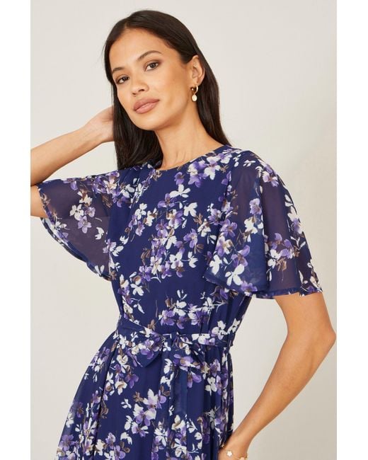 Yumi' Blue Blossom Print Midi Skater Dress With Angel Sleeves
