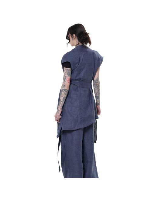 Metamorph Blue Linen Denim Tunic With Draped Collar