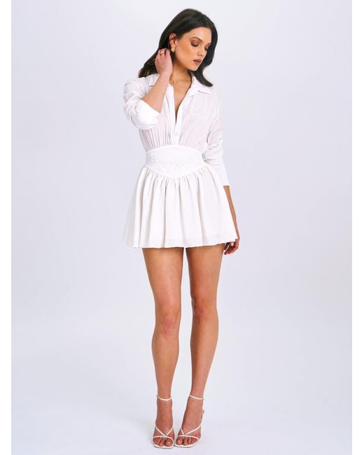 Miss Circle New York White Jamila Shirt Mini Dress With Embroidered Waist Detail