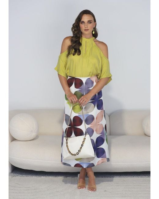 Why Mary Blue Linen Viscose Midi A-Line Printed Skirt