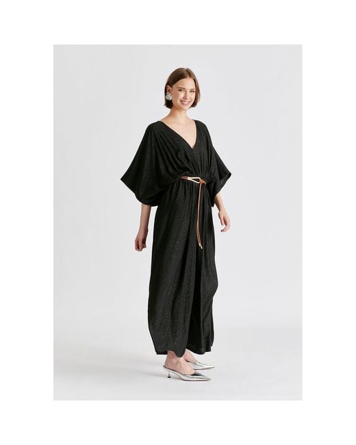 Paisie Black Sparkled Wide Leg Jumpsuit With Belt