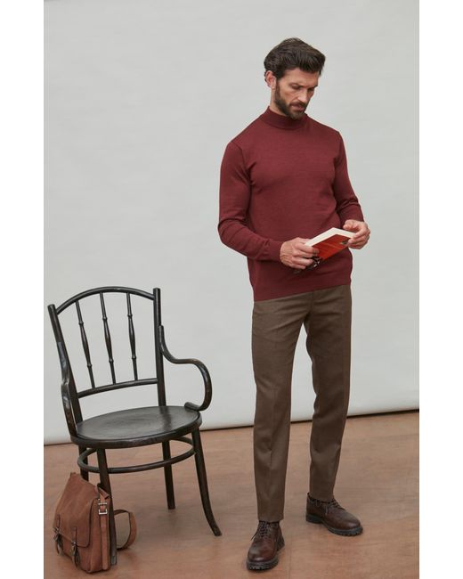 Paul James Knitwear Red Extra Fine Merino Wool Mock Turtleneck Shaw Jumper for men