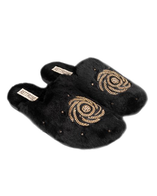 Rettrose Black Morgan Noir Luxury Plush Diamanté Embellished Handmade Slipper
