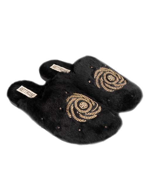 Rettrose Black Morgan Noir Luxury Plush Diamanté Embellished Handmade Slipper