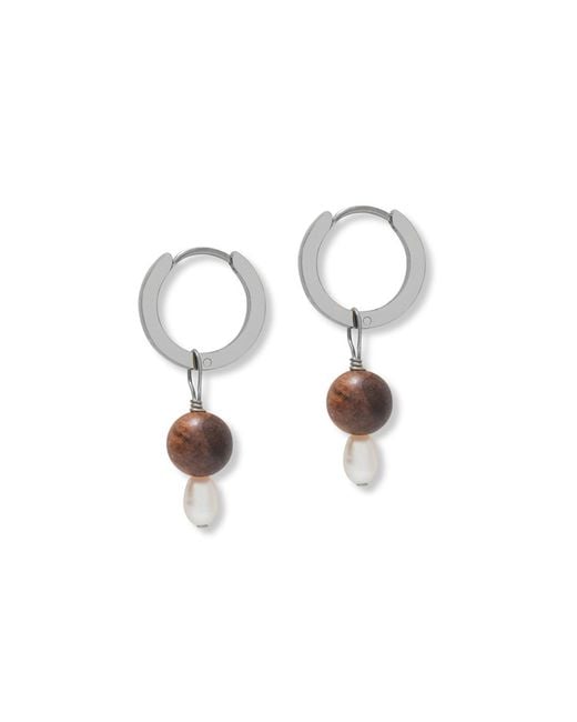 A Weathered Penny Metallic Small Pearl & Wooden Hoops