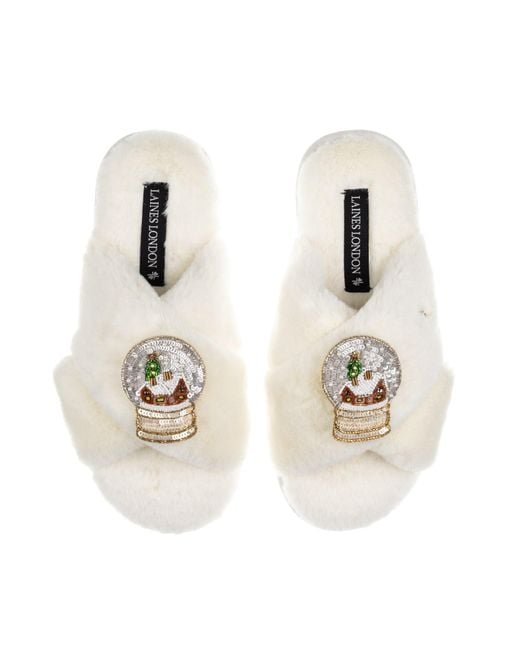 Laines London Metallic Neutrals Classic Laines Slippers Christmas Collection With Double Snow Globe Brooches