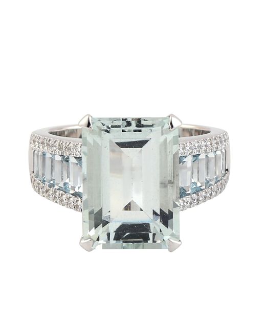 Artisan Metallic Natural Baguette Aquamarine & Pave Diamond With 18k White Gold Cocktail Ring