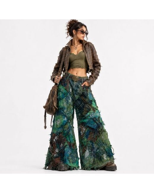Zasta Studio Green Wearable Ruins Shredded Wide Leg Colored Denim Pants B