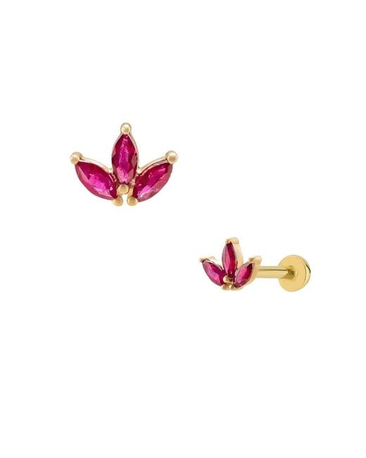 LINYA JEWELLERY Red Real Lotus Tragus, Flower Piercing, Drop Stone Piercing, Screw Back Climber Earrings, Cartilage Moissanite Earrings