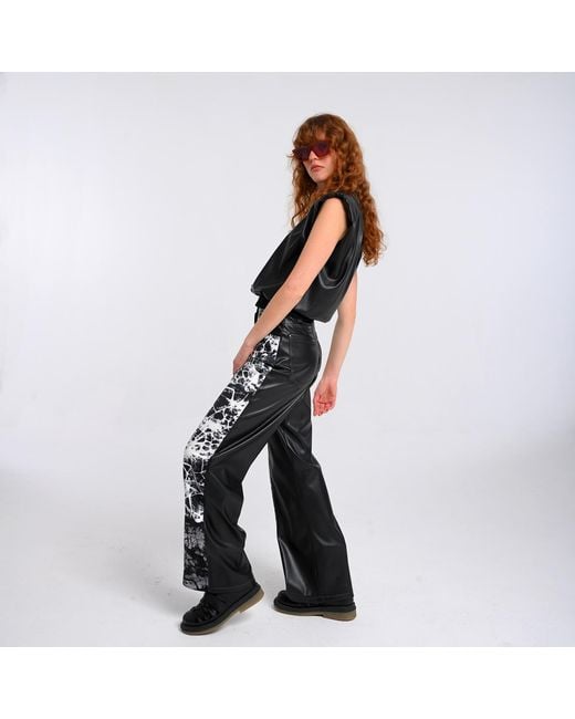 Lalipop Design Black Wide-Leg Vegan Leather Pants Panelled With Abstract Print