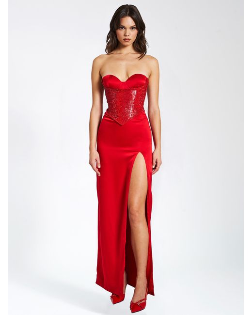 Miss Circle New York Red Kadesha Crystal High Slit Satin Corset Gown